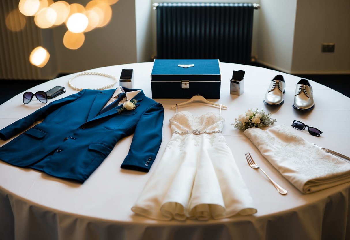 A table with a wedding dress, suit, and accessories laid out for documentation