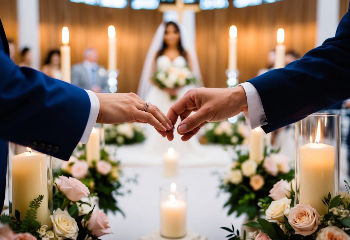 A bride and groom exchanging rings at the altar surrounded by flowers and candles