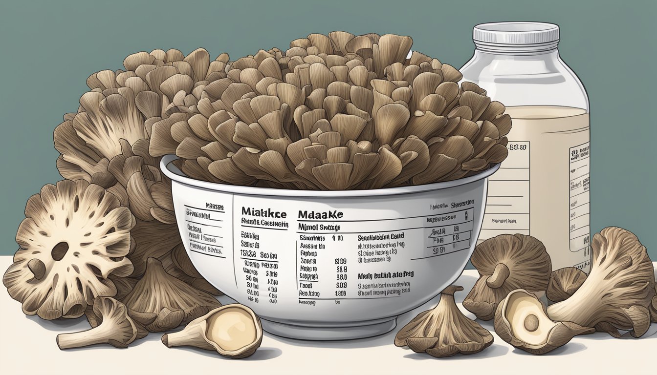 A pile of maitake mushrooms surrounded by measuring cups and nutritional labels