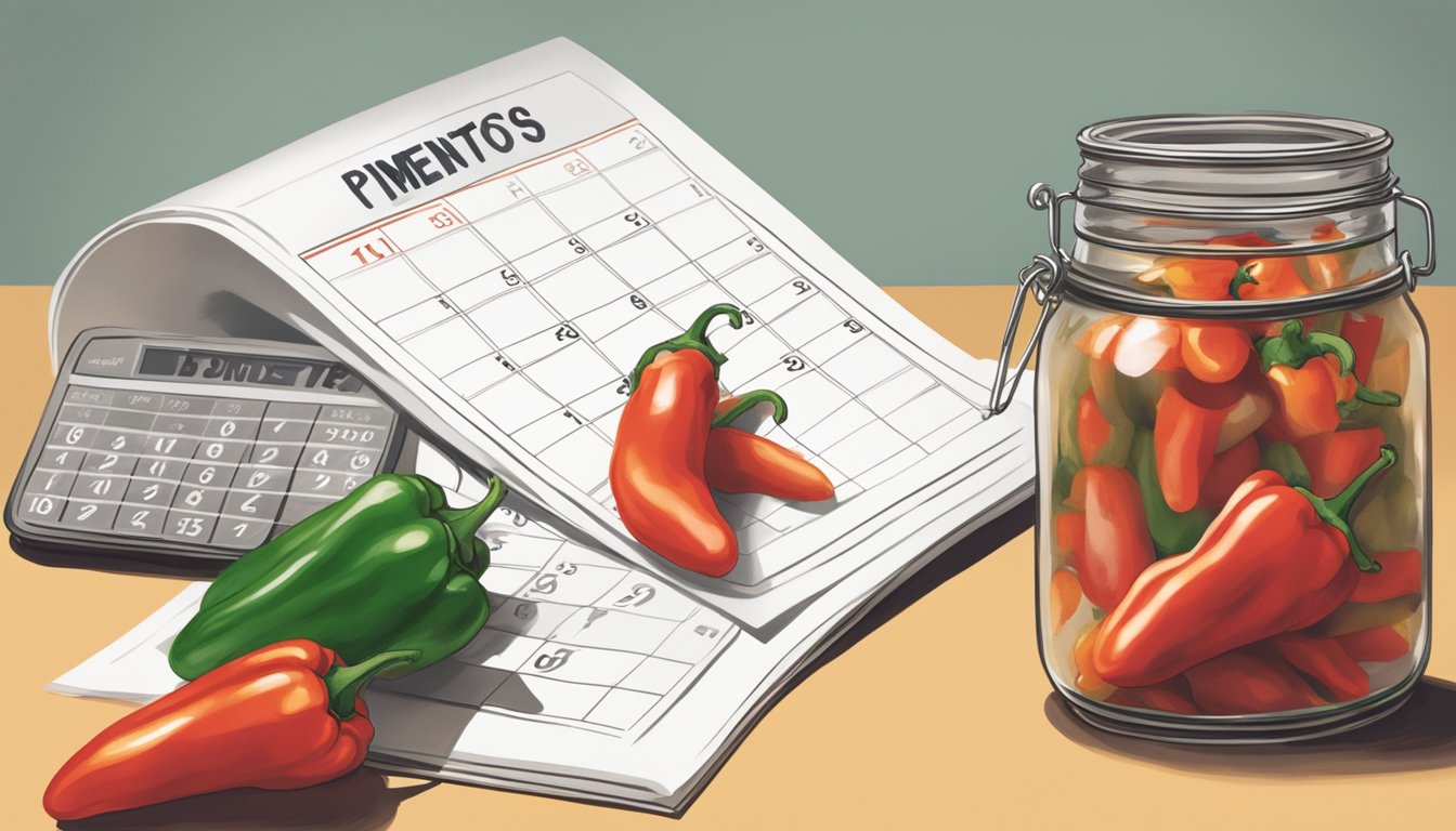 A jar of expired pimento peppers next to a calendar, with a question mark above it