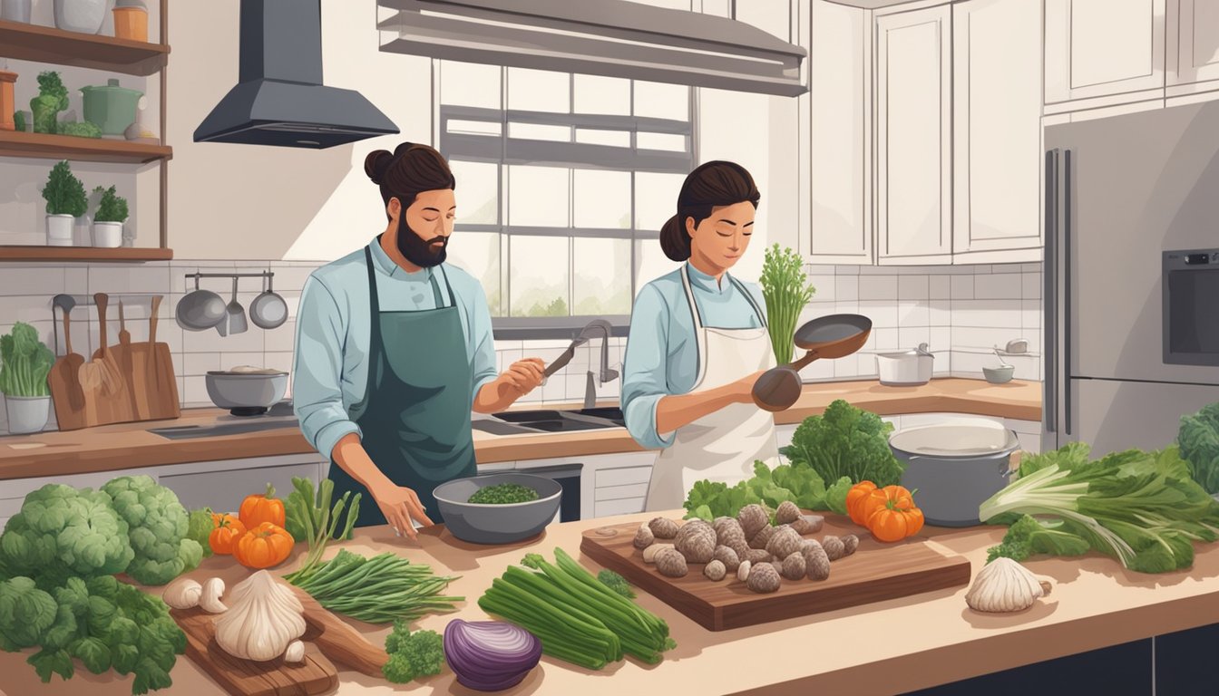 A person cooking maitake mushrooms in a modern kitchen, surrounded by fresh vegetables and herbs