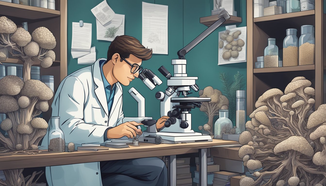 A scientist observing maitake mushrooms under a microscope, surrounded by lab equipment and research papers