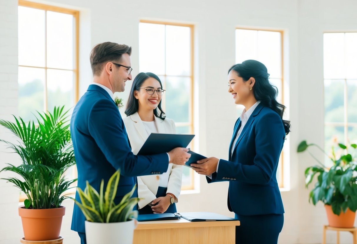 A couple stands before a registrar in a bright, airy room with large windows and potted plants. The registrar smiles as they exchange paperwork