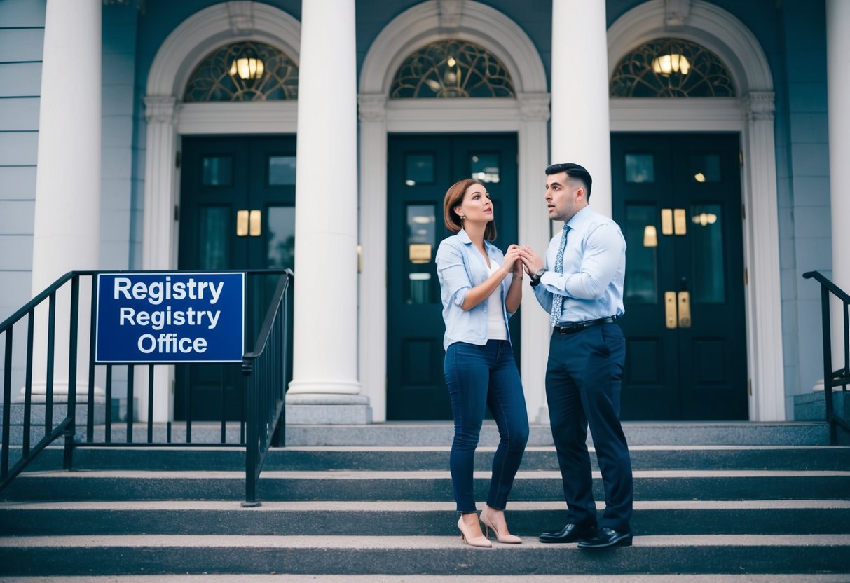 A couple stands outside a government building, looking confused and frustrated. The building has a sign indicating it is the registry office