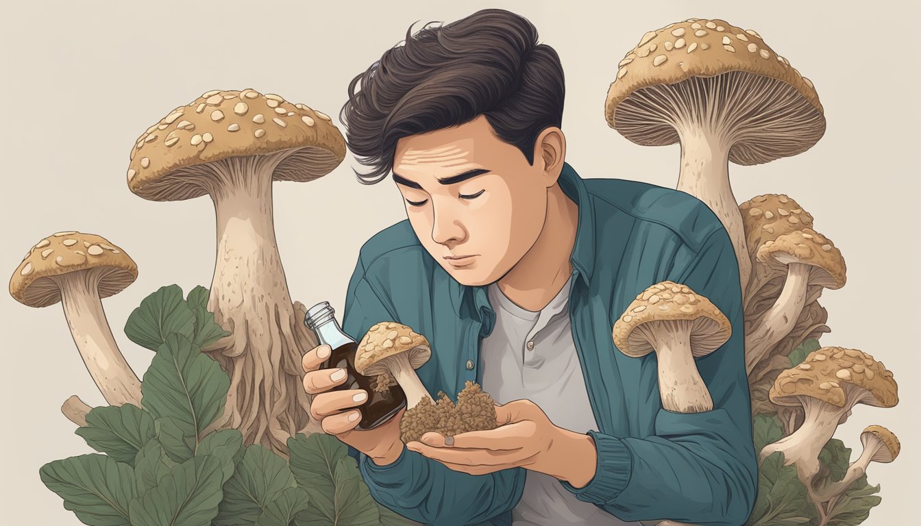 A person holding a bottle of maitake extract and a handful of maitake mushrooms, with a concerned expression while looking at them