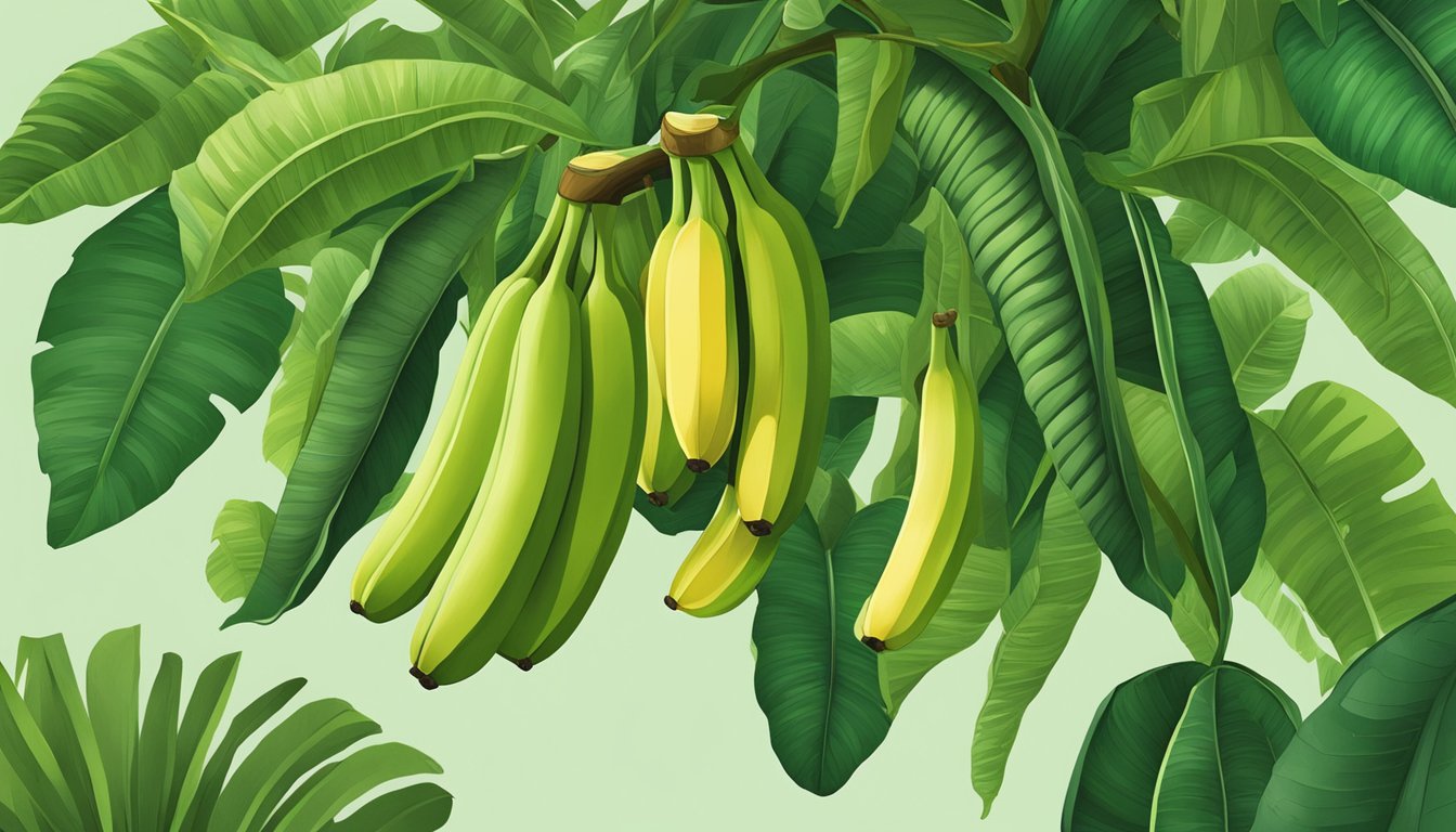 A bunch of green bananas hanging from a tree, some with hints of yellow, surrounded by lush green leaves