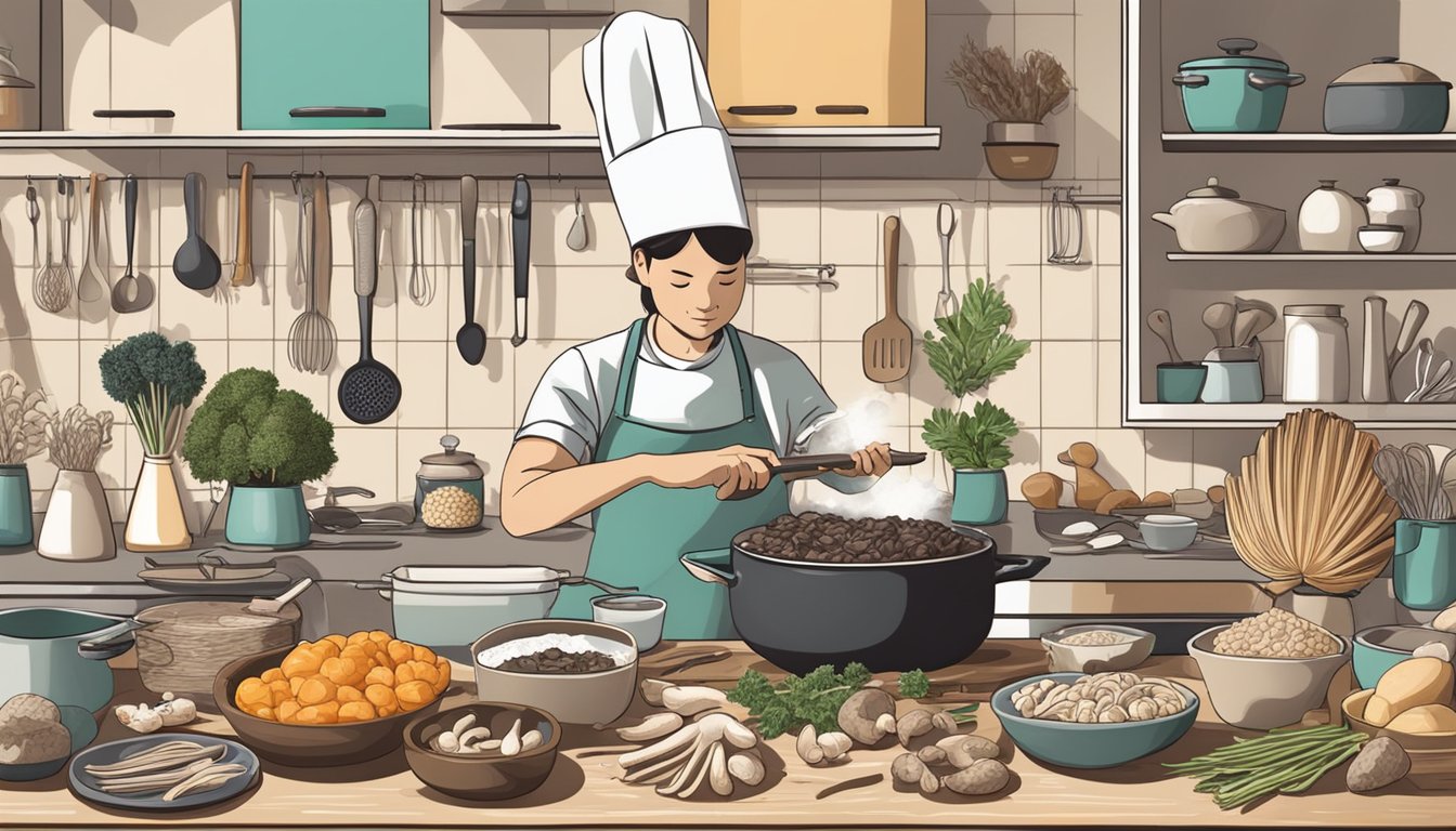 A person cooking maitake mushrooms in a kitchen, surrounded by various cooking utensils and ingredients