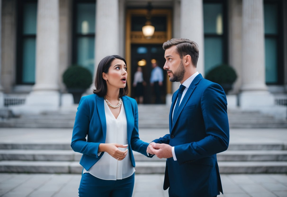 A couple standing in front of a government building, looking confused and frustrated as they try to understand the implications of their unregistered marriage in the UK