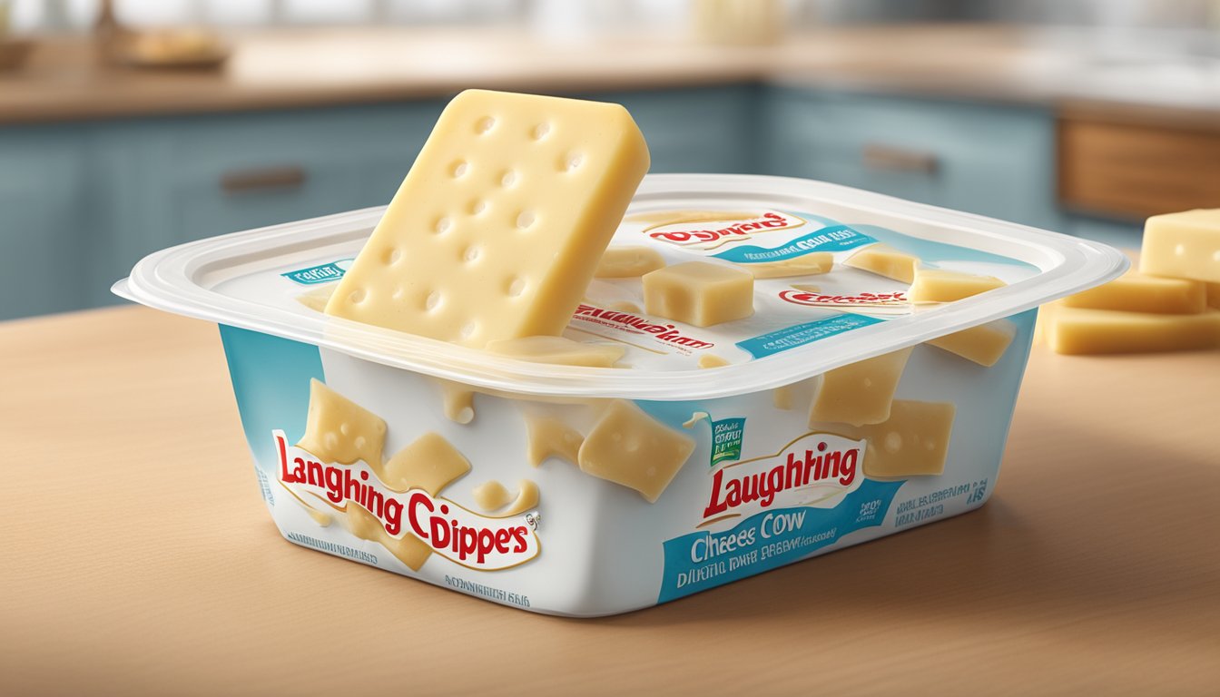 A package of expired Laughing Cow cheese dippers with mold growing on the surface, sitting on a kitchen counter