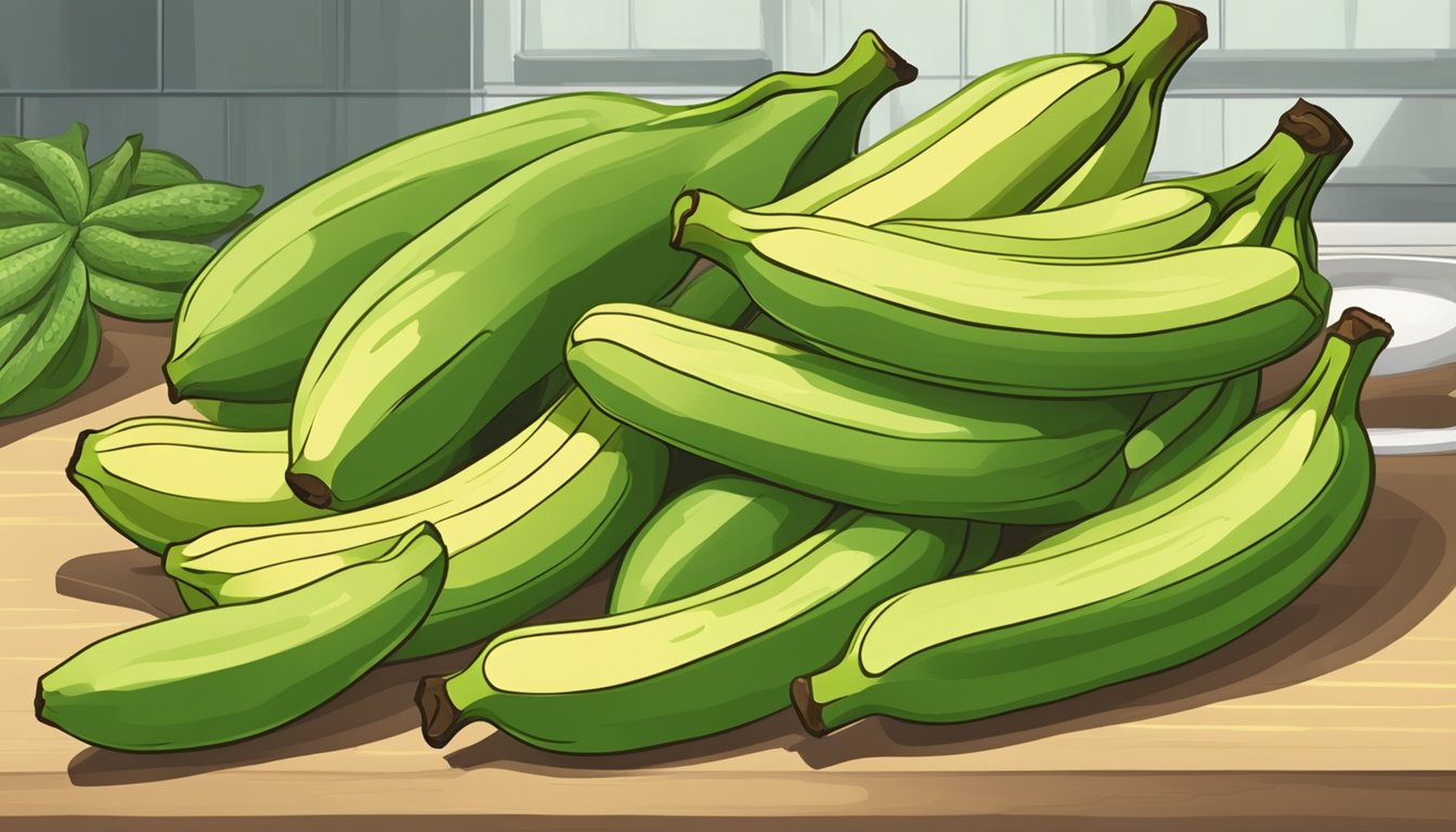 A bunch of unripe bananas, green and firm, with hints of yellow, sitting on a kitchen counter