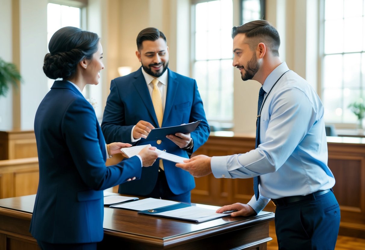 A couple stands in front of a registrar's desk, exchanging documents and answering questions. The registrar reviews the paperwork and nods in approval