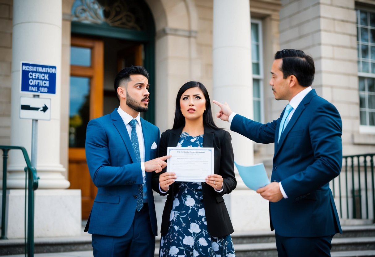 A couple stands outside a government building, looking confused as they hold their marriage certificate. A frustrated official gestures towards a sign indicating the registration office