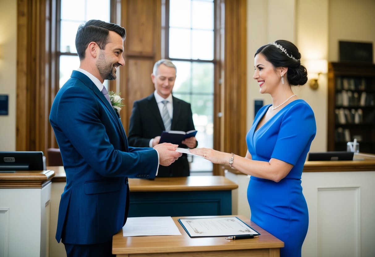A couple stands at a registrar's office, exchanging vows in front of an official. A small table holds a marriage certificate and a pen