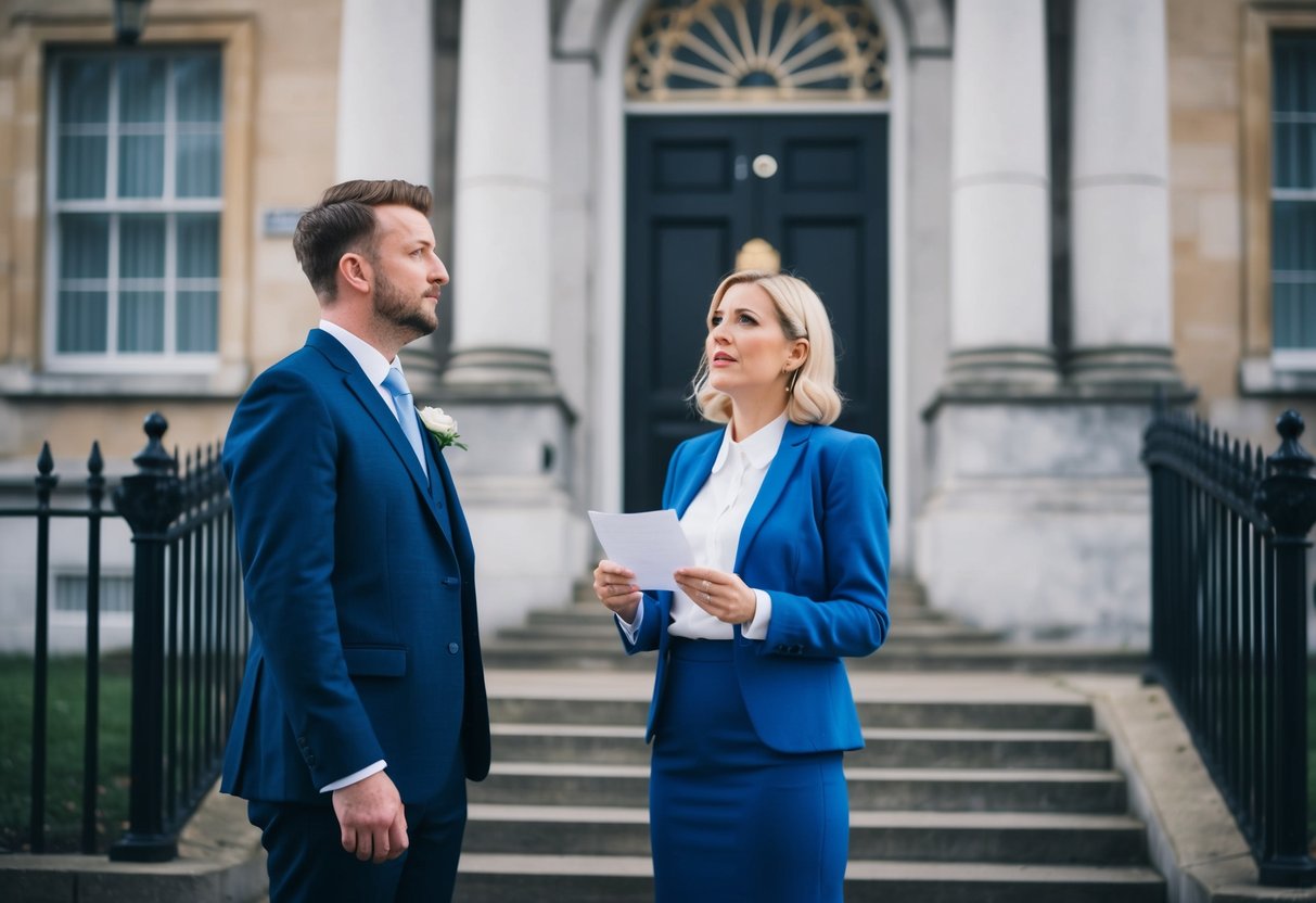 A couple stands outside a government building, looking confused and frustrated as they realize their marriage was never officially registered in the UK