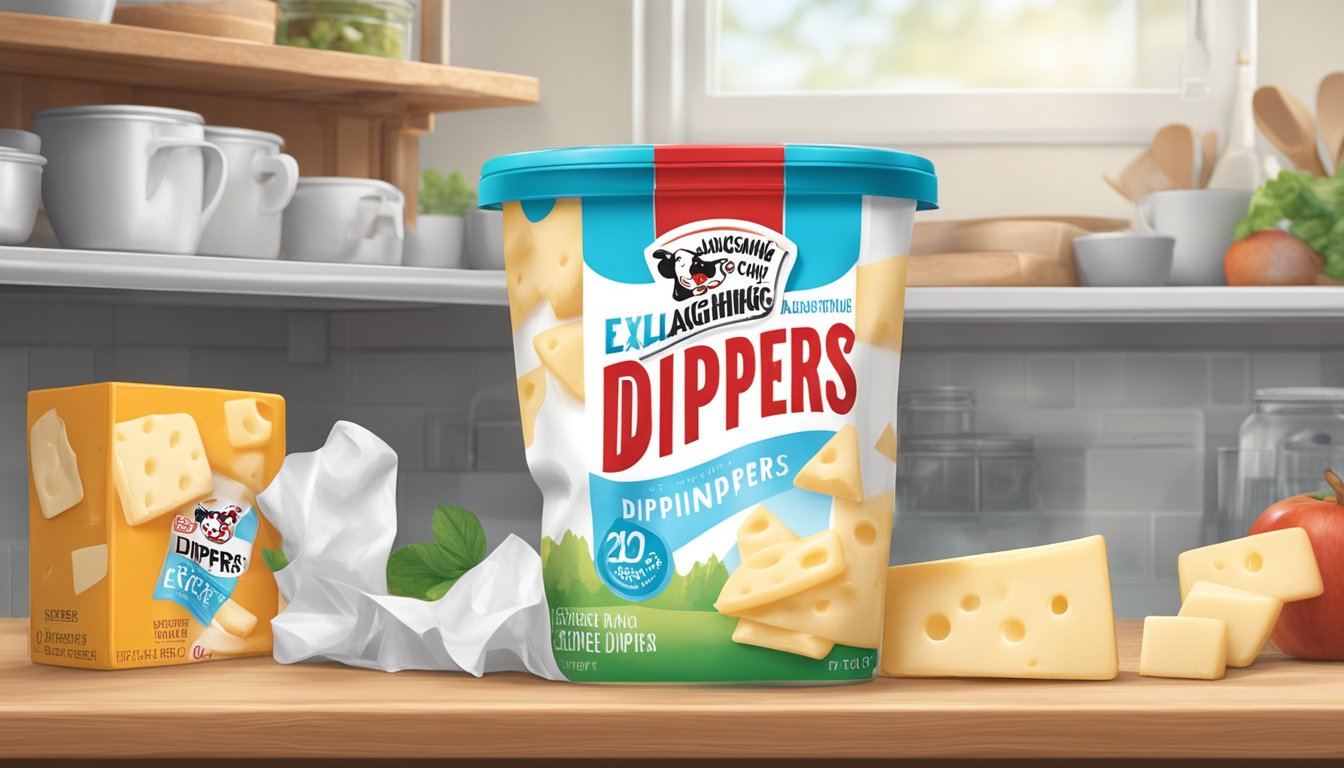 A package of expired Laughing Cow cheese dippers sits on a cluttered kitchen shelf, with a visible expiration date and a sense of uncertainty