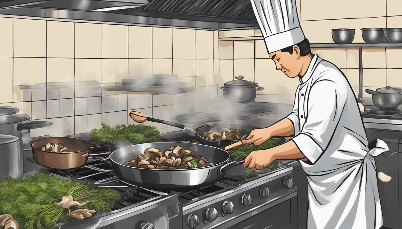 A chef sautéing maitake mushrooms in a sizzling pan, adding garlic and herbs for flavor