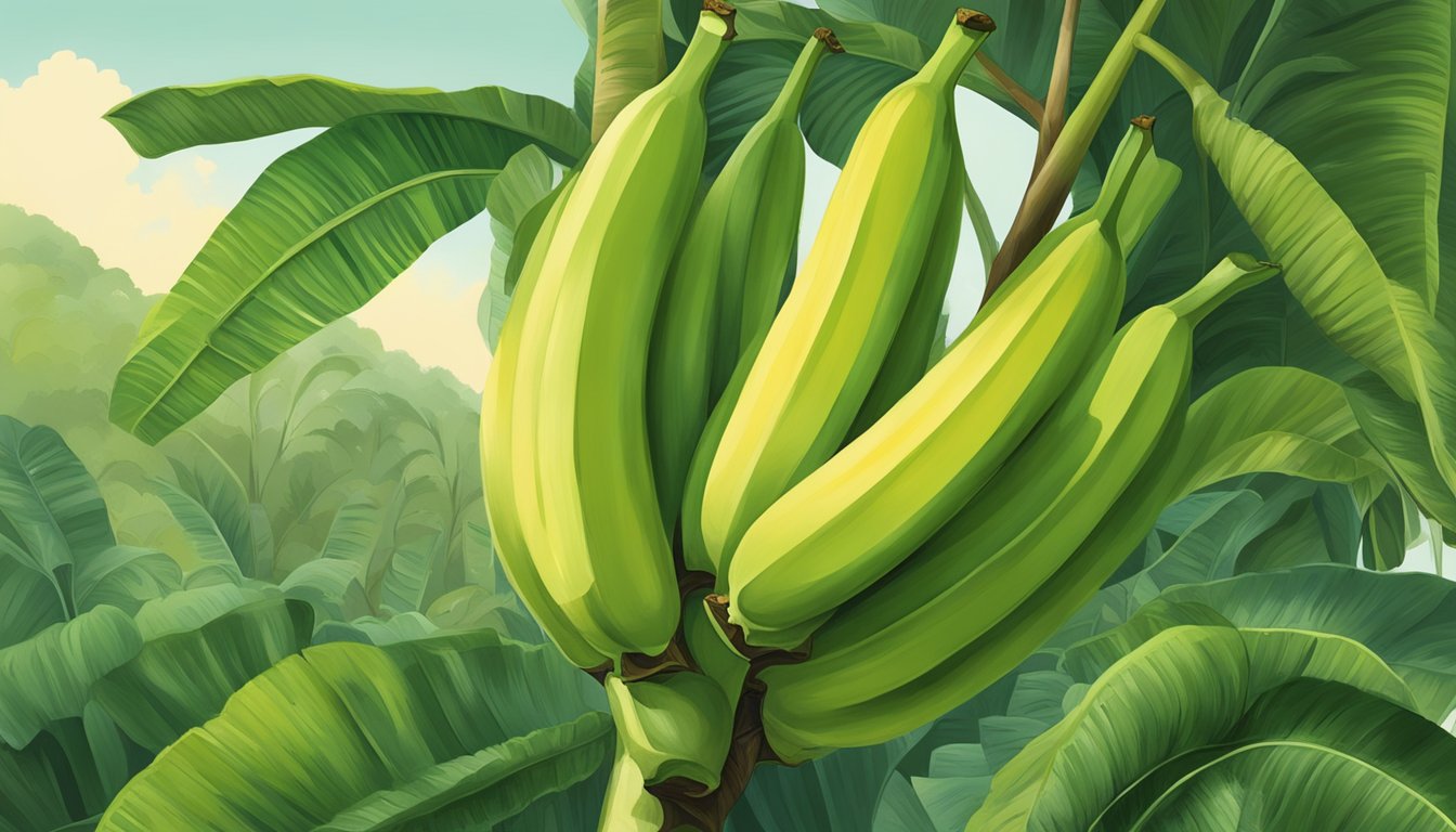 A banana tree with unripe green bananas, some partially peeled, surrounded by a lush tropical setting