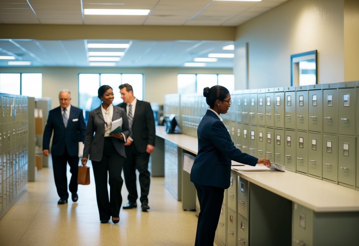 People browse aisles of file cabinets in a spacious, well-lit room. A clerk assists a customer at a counter
