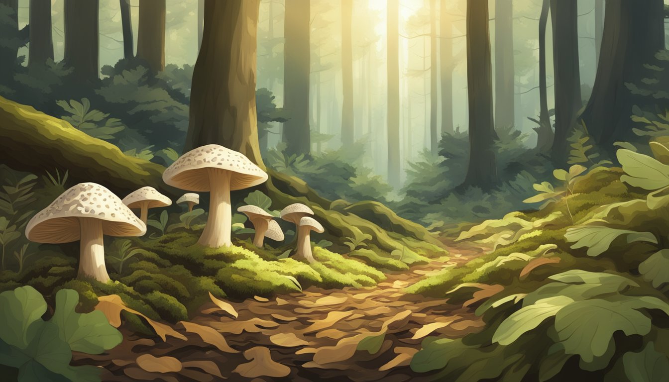 A forest floor with maitake mushrooms growing among fallen leaves and moss, surrounded by trees and sunlight filtering through the canopy