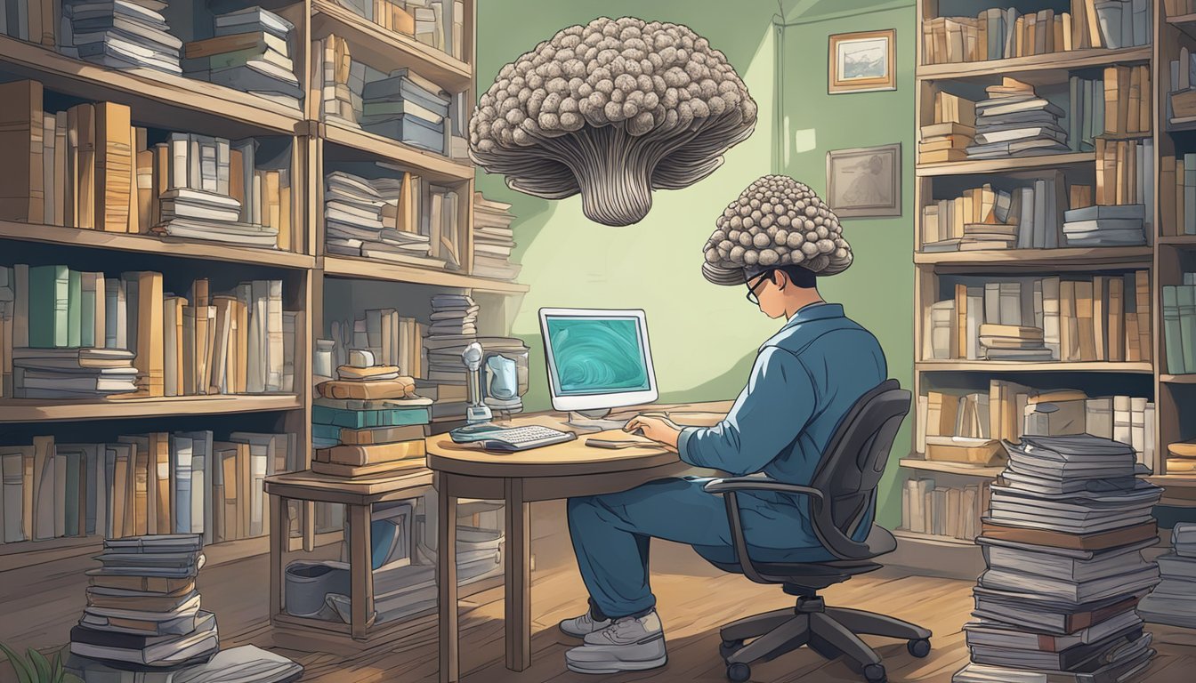 A person holding a maitake mushroom, surrounded by books, scientific equipment, and a computer, researching its safety for consumption