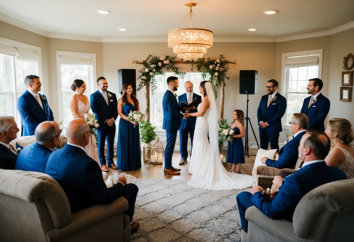 A cozy living room with a makeshift altar, surrounded by family and friends, as a couple exchanges vows