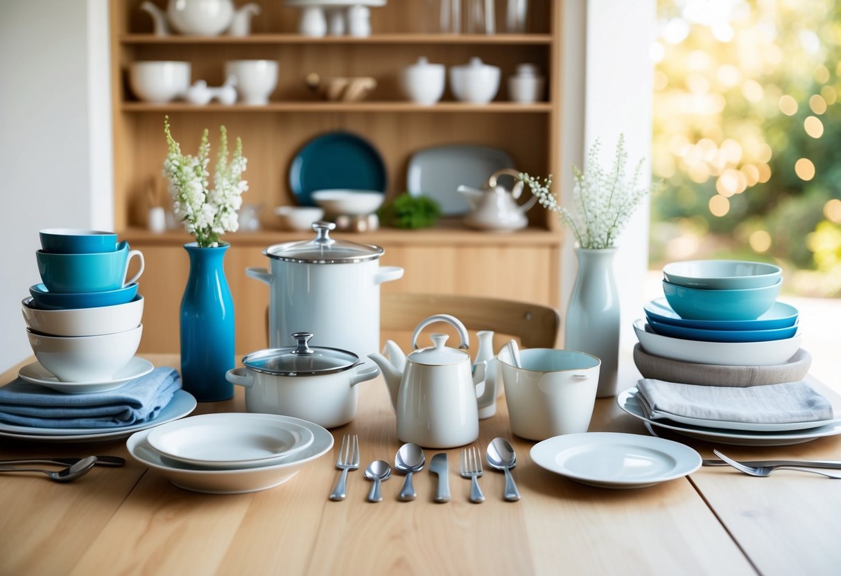 A table with various household items, such as kitchenware and linens, arranged for a wedding registry