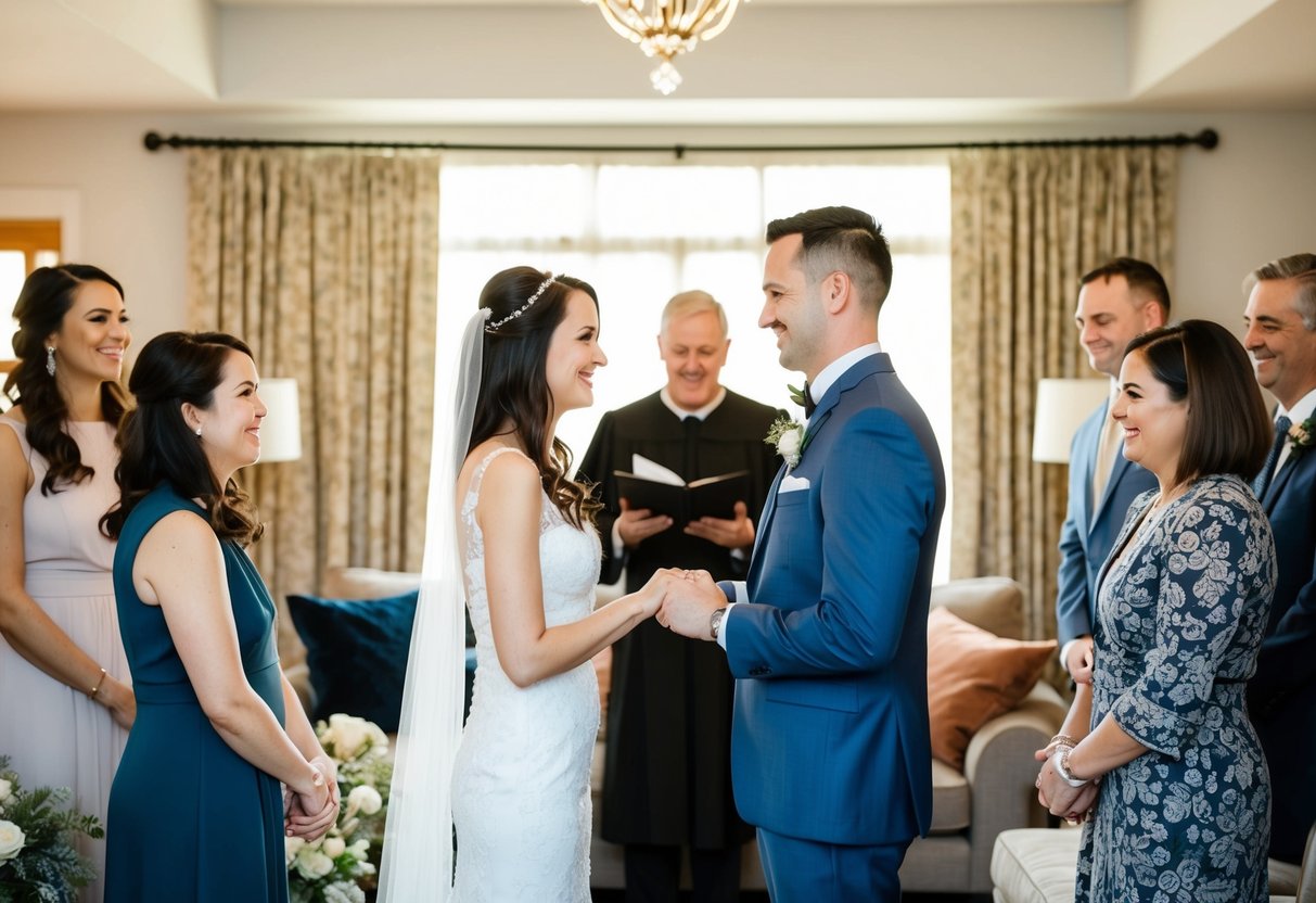 A couple exchanging vows in a decorated living room, surrounded by family and friends, with a licensed officiant presiding over the ceremony