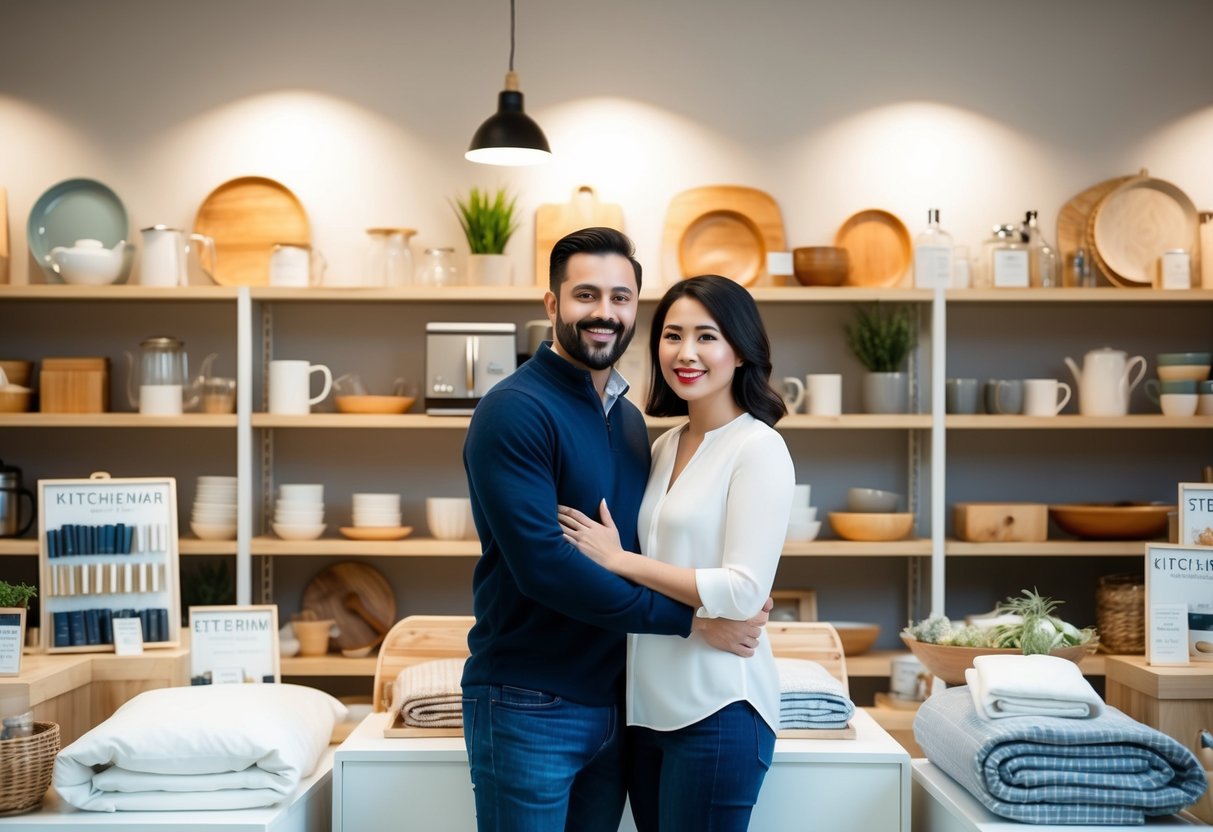 A couple standing in front of a display of kitchenware, bedding, and other household items, surrounded by shelves of products