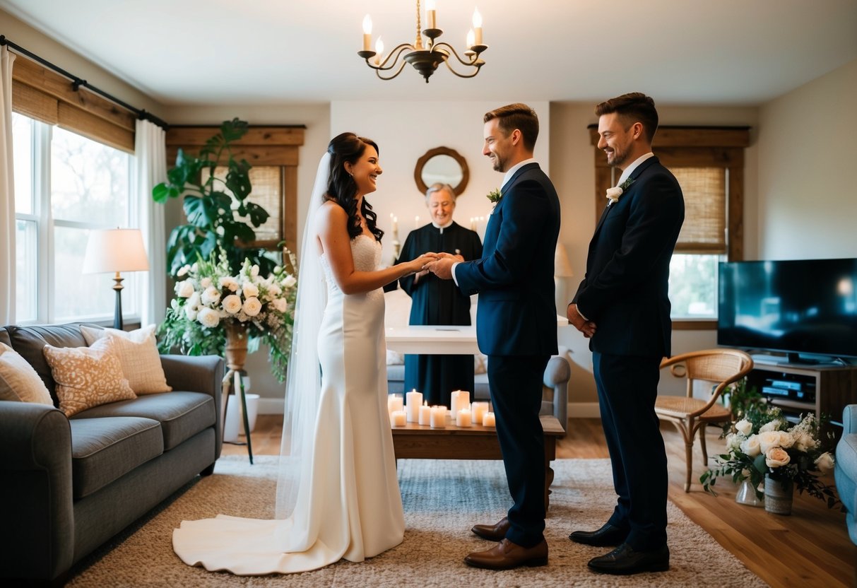 A cozy living room with a makeshift altar, flowers, and candles. A couple stands before an officiant, exchanging vows