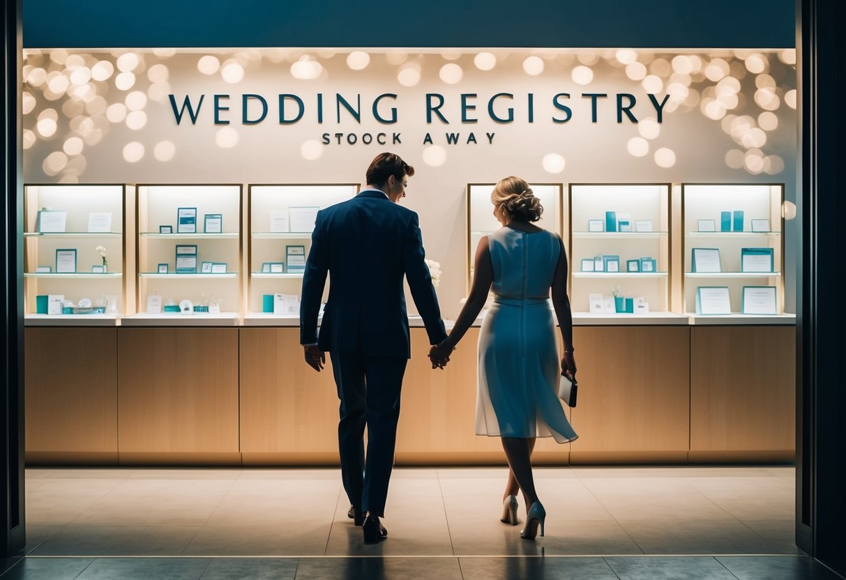 A couple standing in front of a wedding registry display, shaking their heads and walking away