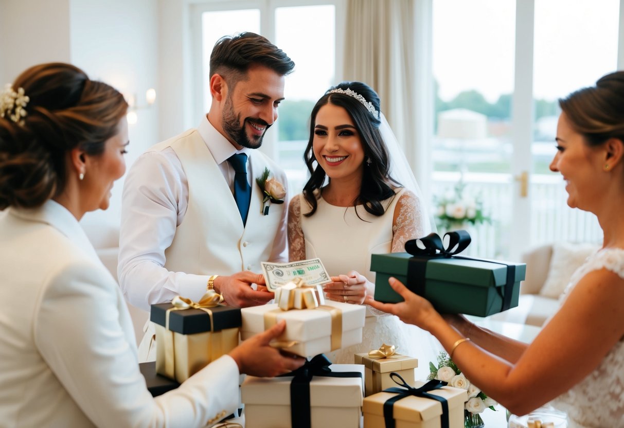 A couple receiving various gifts at their wedding, including cash, gift cards, and personal items
