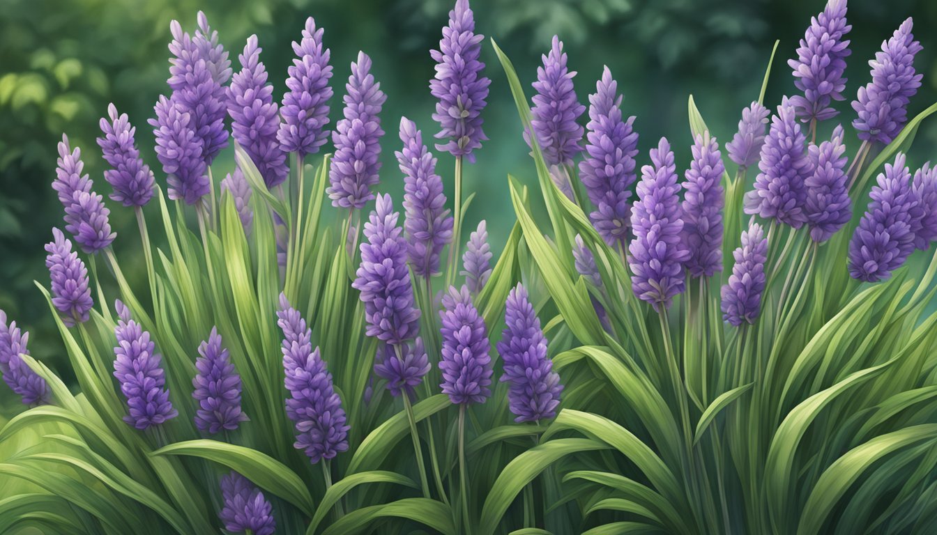 A variety of lavender plants with blooming buds and distinct purple hues, surrounded by lush green foliage in a garden setting