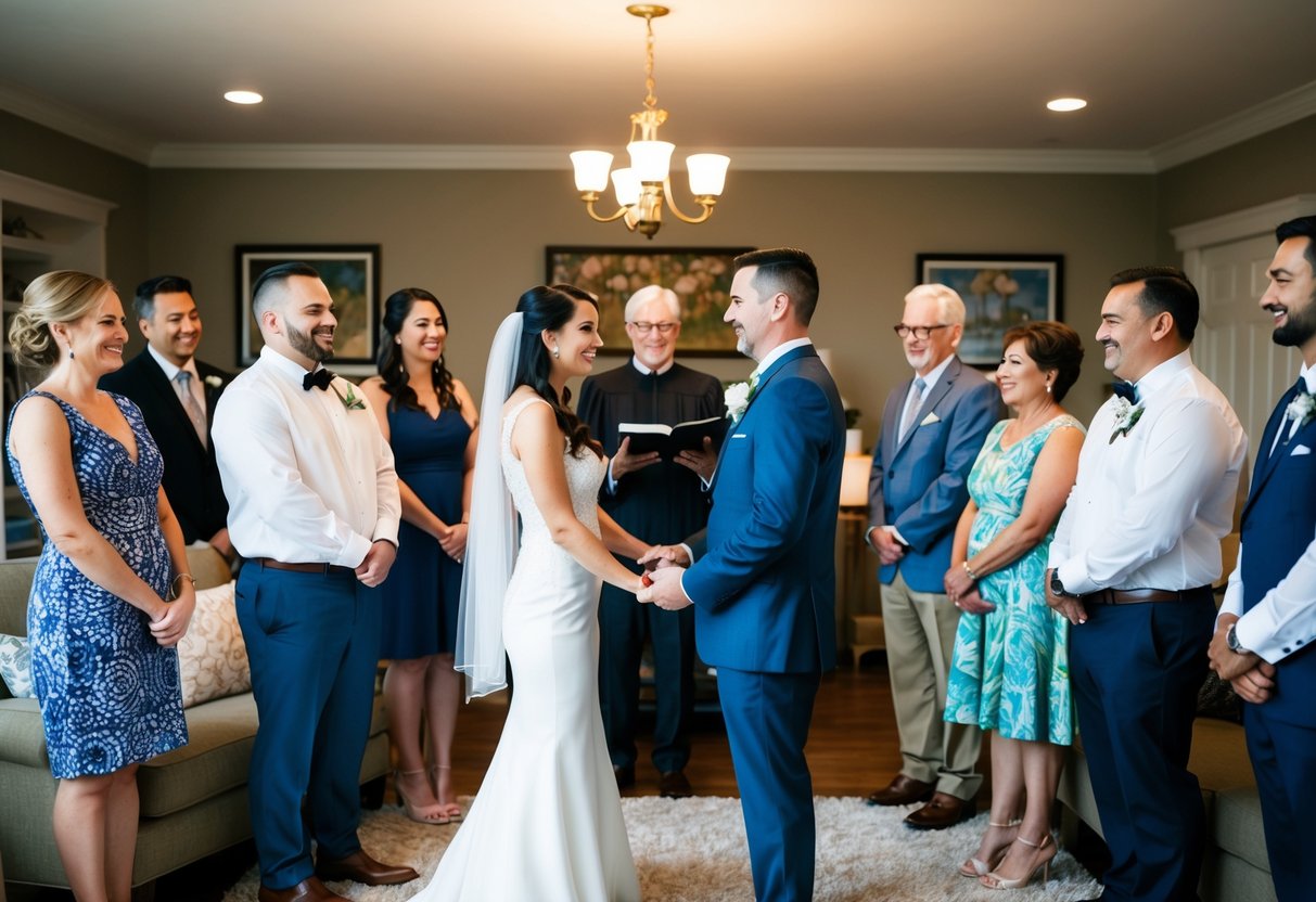 A couple stands in their living room, surrounded by family and friends, as they exchange vows in front of a licensed officiant