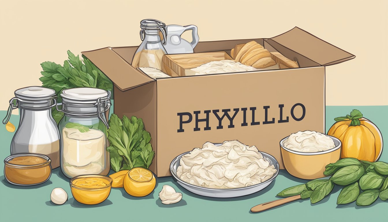 A box of expired phyllo dough sits on a kitchen counter, surrounded by fresh ingredients and cooking utensils