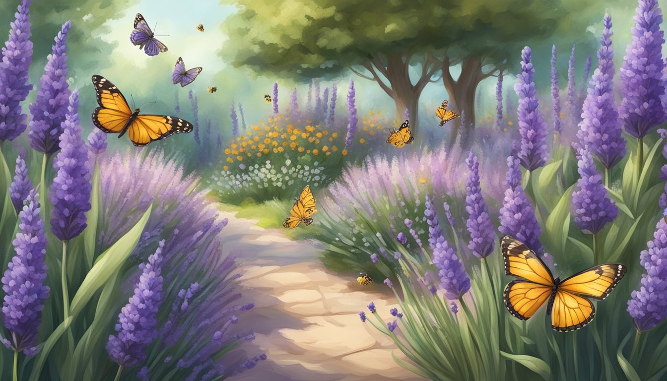 A serene garden with a variety of lavender plants in full bloom, surrounded by butterflies and bees