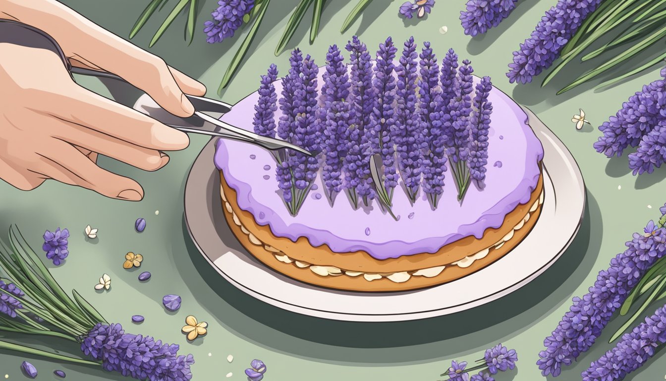 A chef sprinkles lavender buds onto a dessert, adding a delicate floral aroma