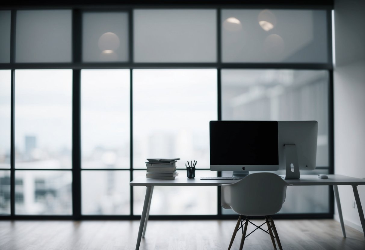 A blank desk with no papers or files, an empty computer screen, and an unoccupied chair in front of it
