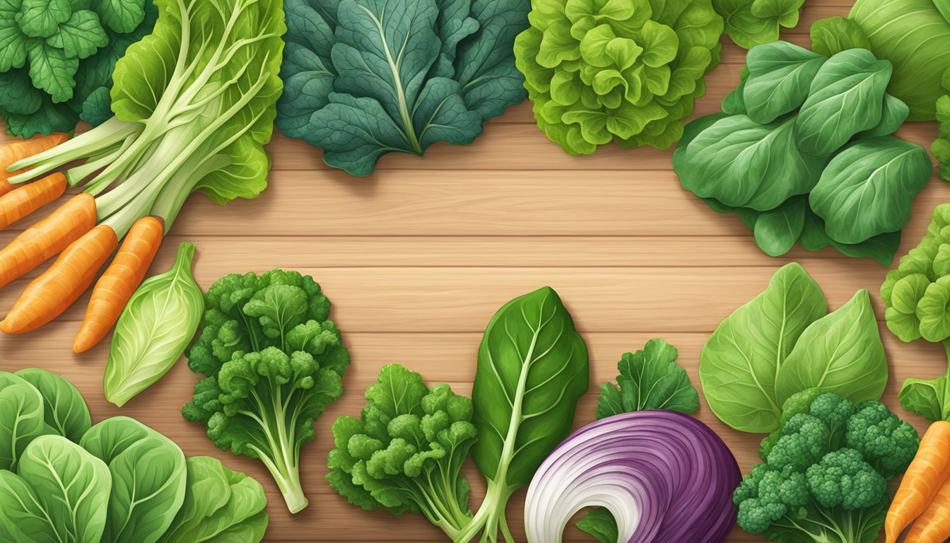 A variety of edible leaves arranged on a wooden cutting board, including spinach, kale, and lettuce