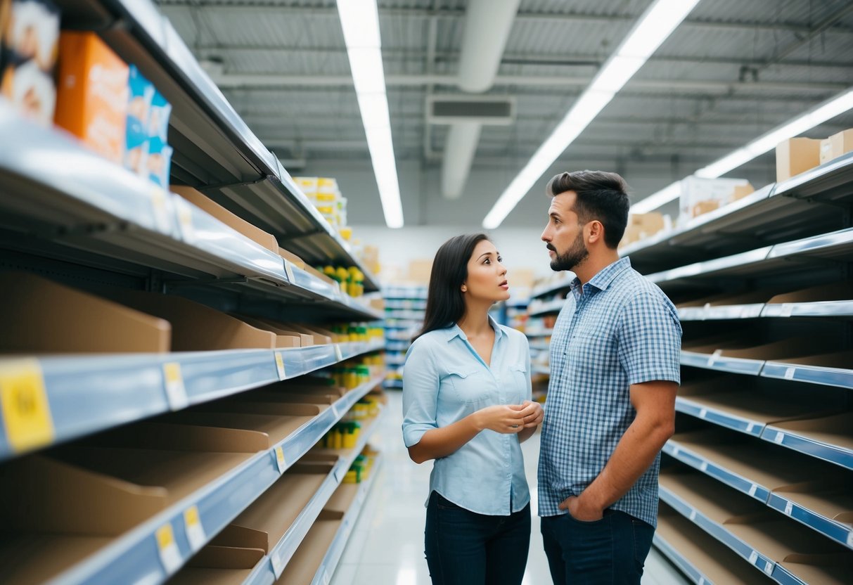 A couple looking at empty shelves in a store, confused expressions on their faces as they discuss their options