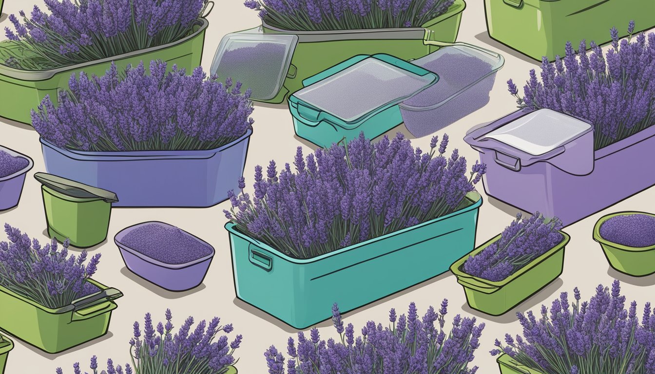 Lavender buds being harvested, cleaned, and stored in airtight containers for culinary use