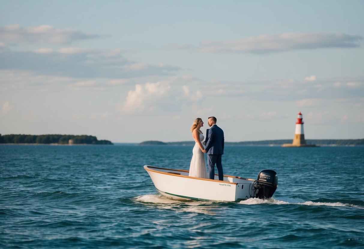 A couple standing on a boat, surrounded by open water, with a lighthouse in the distance