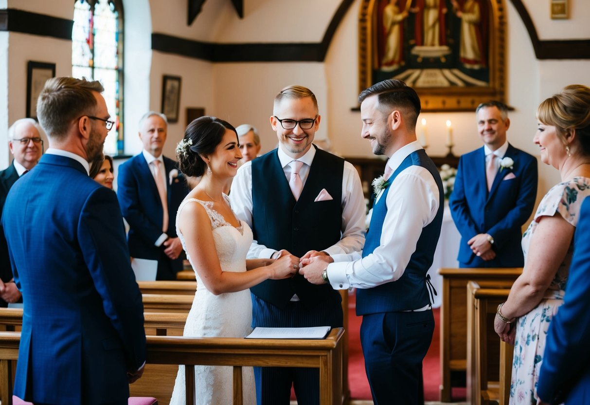 A couple stands before a registrar in a quaint English chapel, exchanging vows as witnesses look on