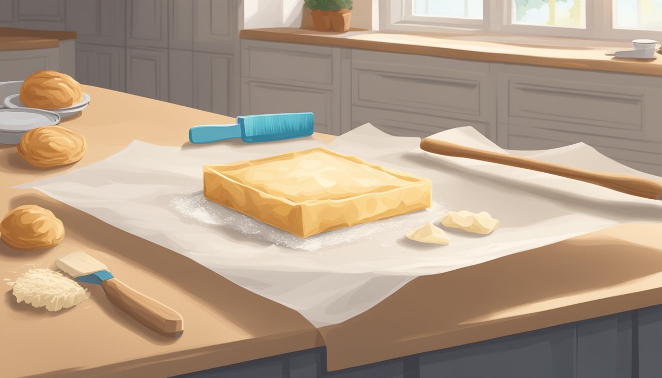 A box of phyllo dough left out to thaw on a clean, well-lit kitchen counter, with a rolling pin and pastry brush nearby