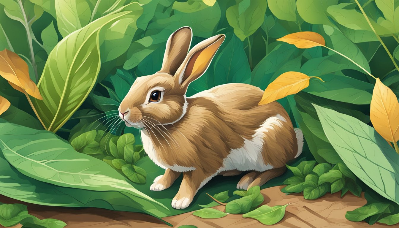 A rabbit nibbles on vibrant green leaves, while nearby wilted and discolored leaves lay on the ground