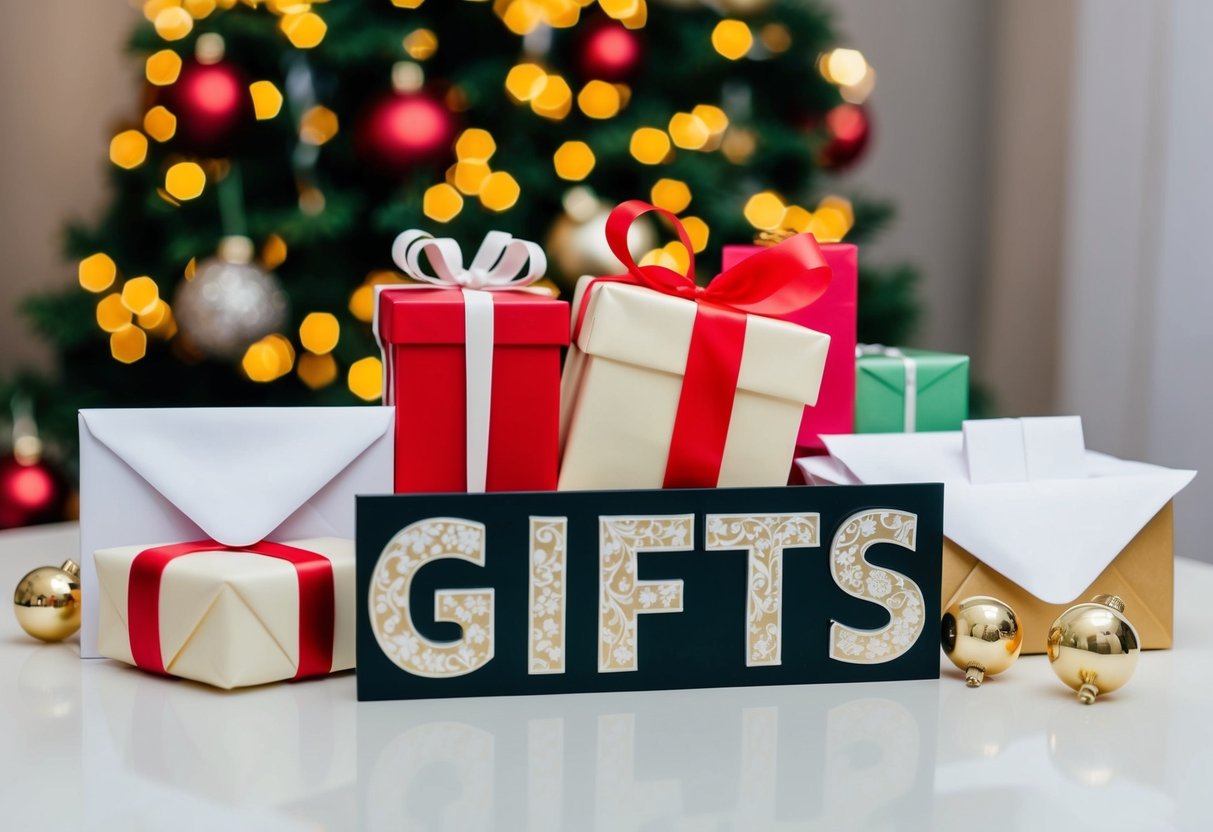A table with a decorative sign reading "gifts" and an assortment of wrapped presents and envelopes