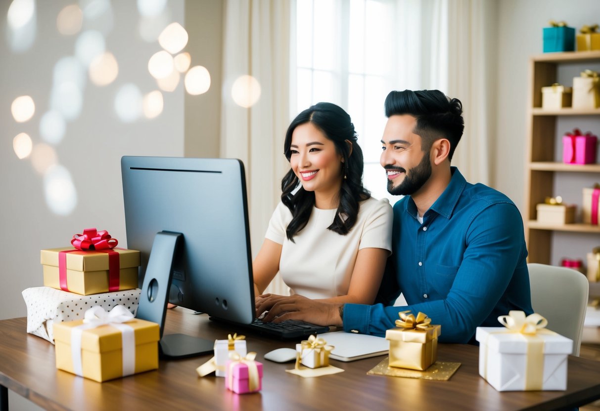 A couple sitting at a computer, researching wedding registries, surrounded by gift boxes and wrapping paper