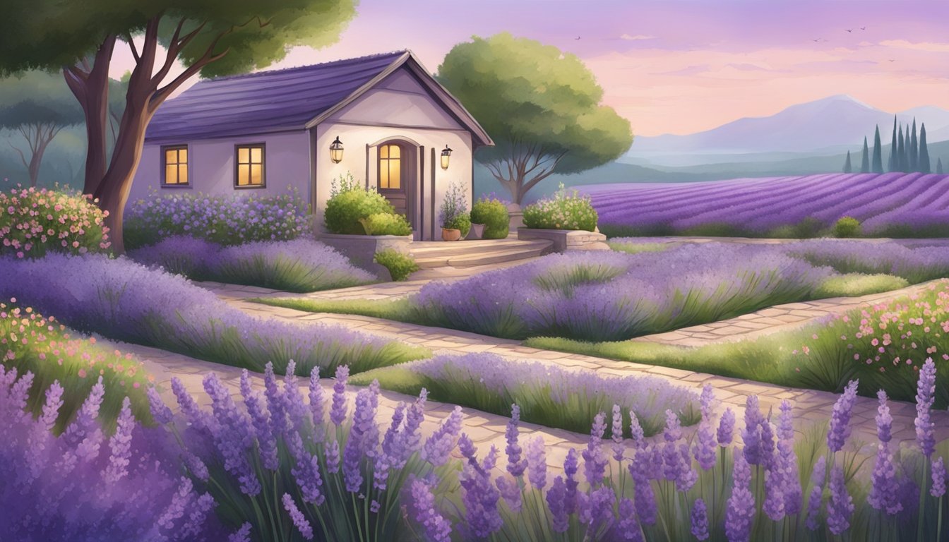 A serene garden with blooming lavender plants, surrounded by various culinary and cosmetic products made from lavender