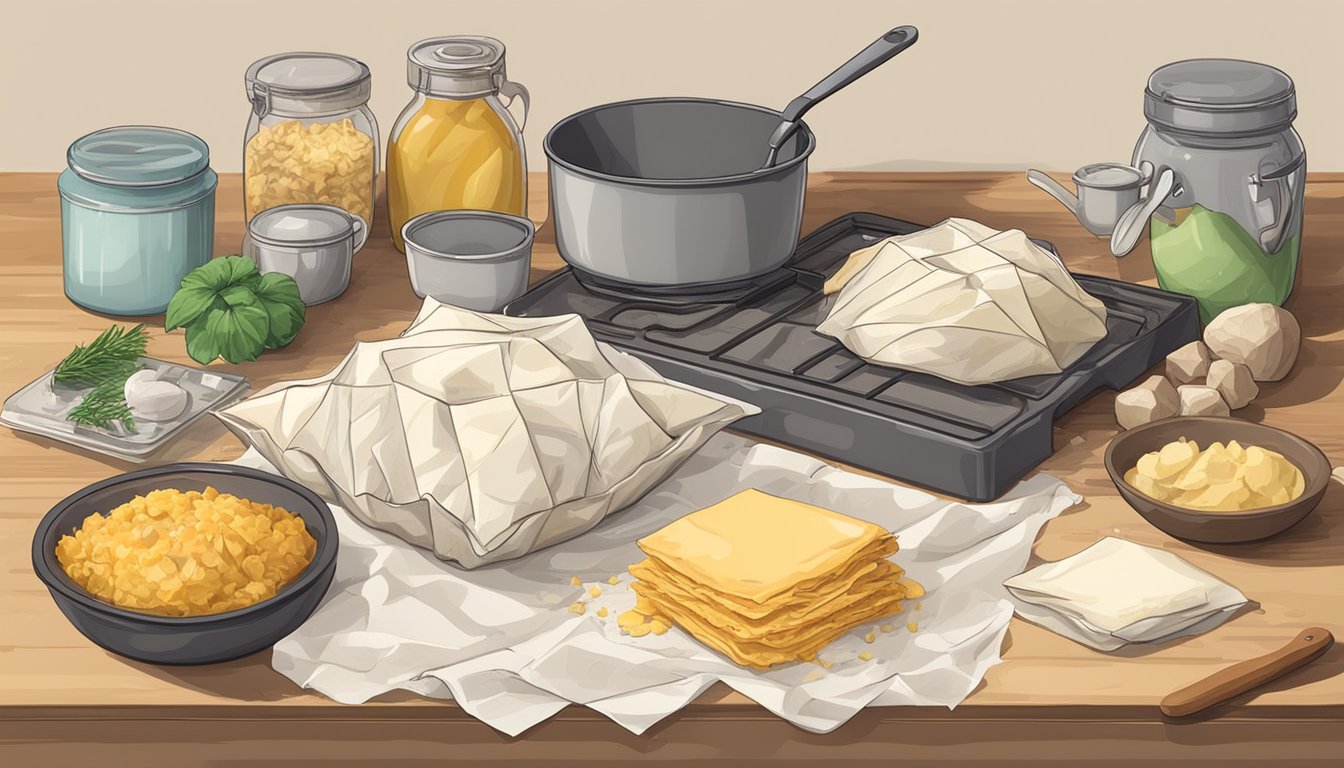 A crumpled, torn package of phyllo dough sits on a cluttered kitchen counter, surrounded by various kitchen utensils and ingredients