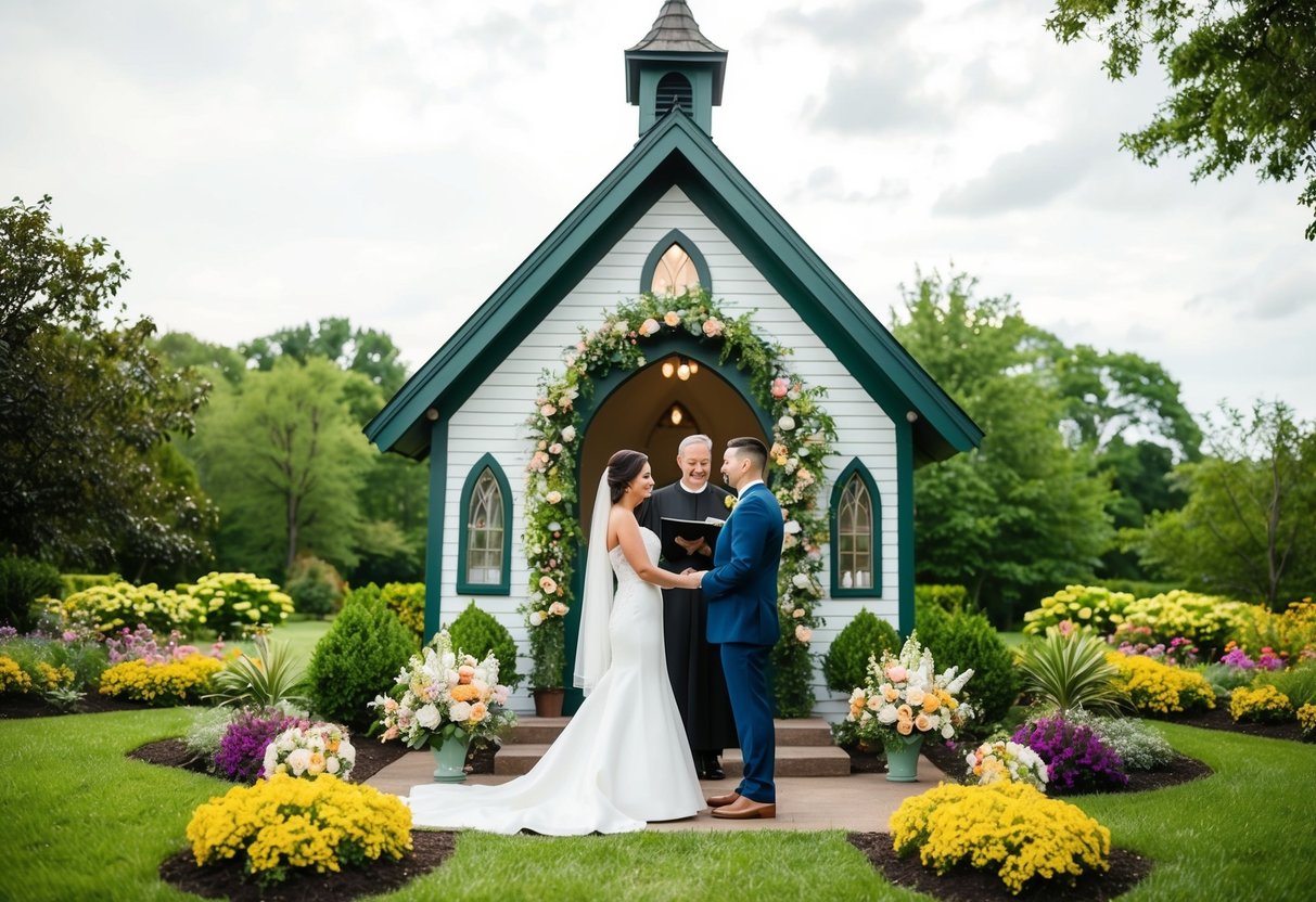 A couple standing in front of a small, charming wedding chapel, surrounded by lush greenery and colorful flowers, exchanging vows with a minister officiating