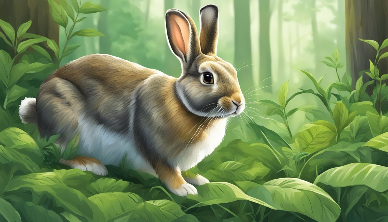 A rabbit sniffs and nibbles on various green leaves in a lush forest clearing